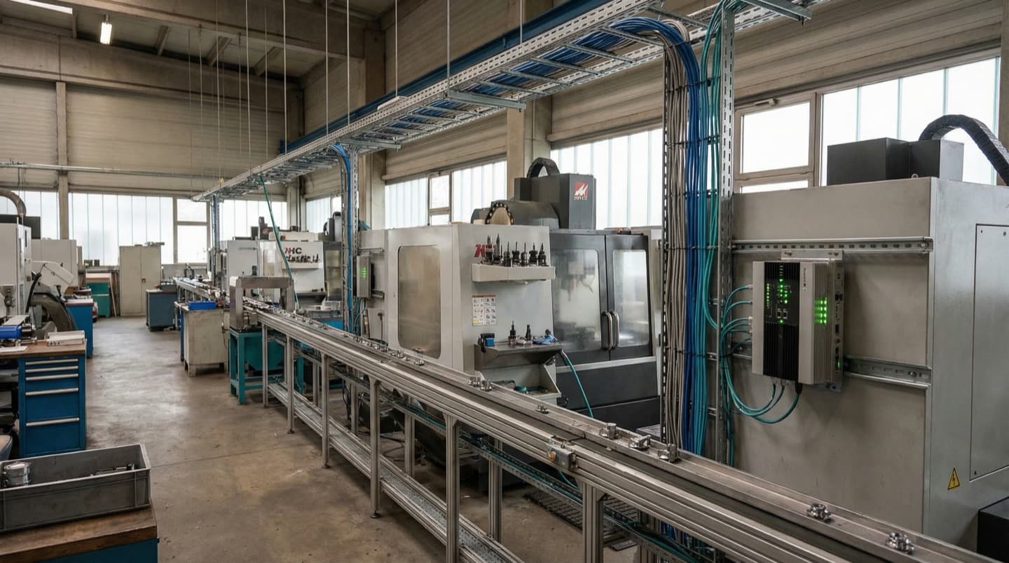 CNC machines and a conveyor line on a modern factory floor with cable trays and an industrial PC