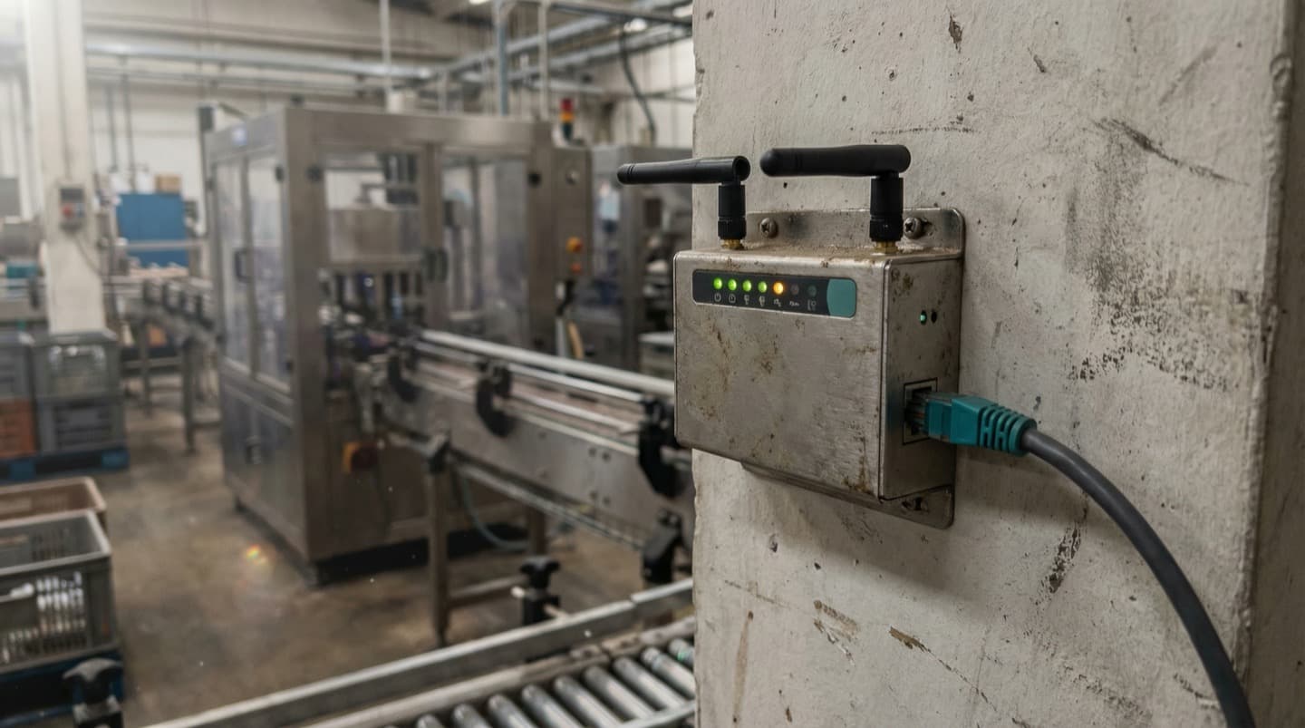 Wireless sensor gateway with dual antennas and status LEDs mounted on a factory wall near a production line