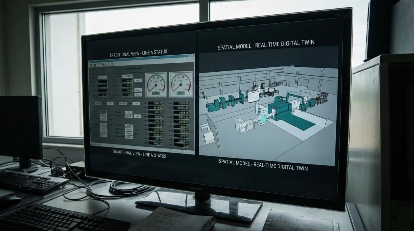 Monitor showing a split-screen comparison of a traditional SCADA dashboard and a 3D digital twin model of the same factory