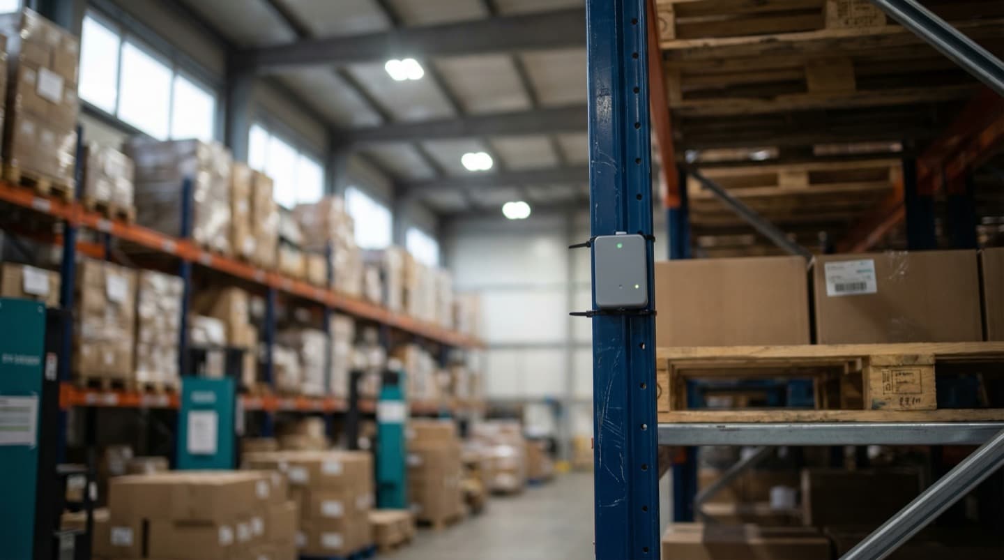IoT sensor mounted on a warehouse pallet rack upright with a green status LED, rows of shelving receding into the background