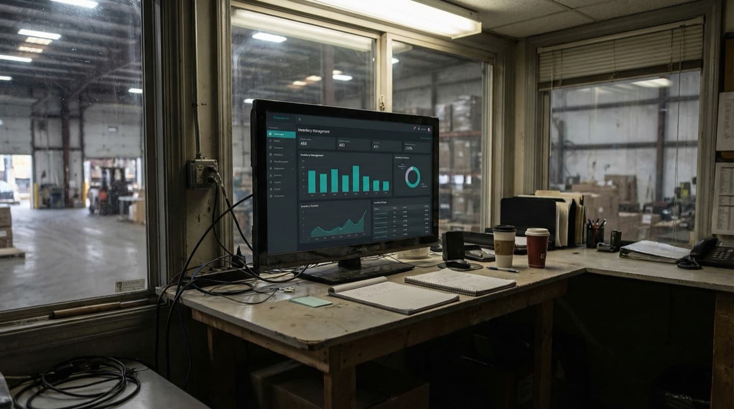 Inventory management dashboard on a monitor in a warehouse control room showing bar charts and trend lines