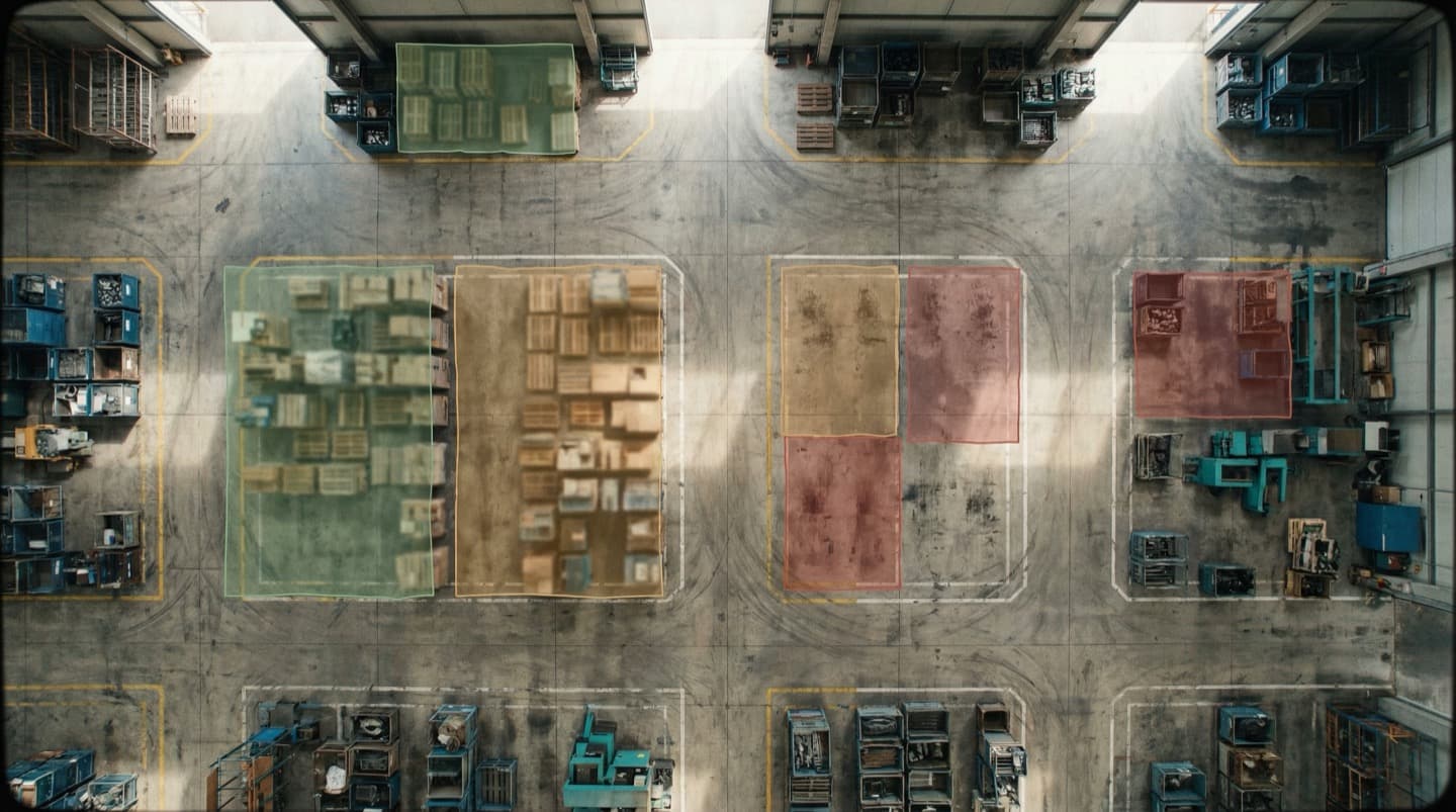Overhead view of a warehouse floor divided into color-coded stock zones ranging from green to red
