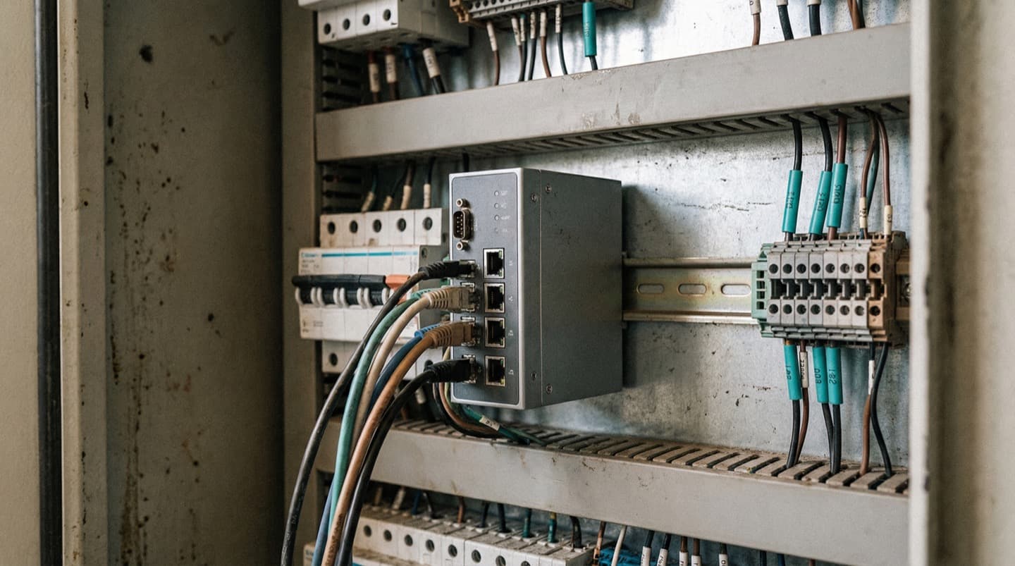 Industrial edge gateway installed on a DIN rail inside an electrical cabinet with serial and Ethernet cables connected