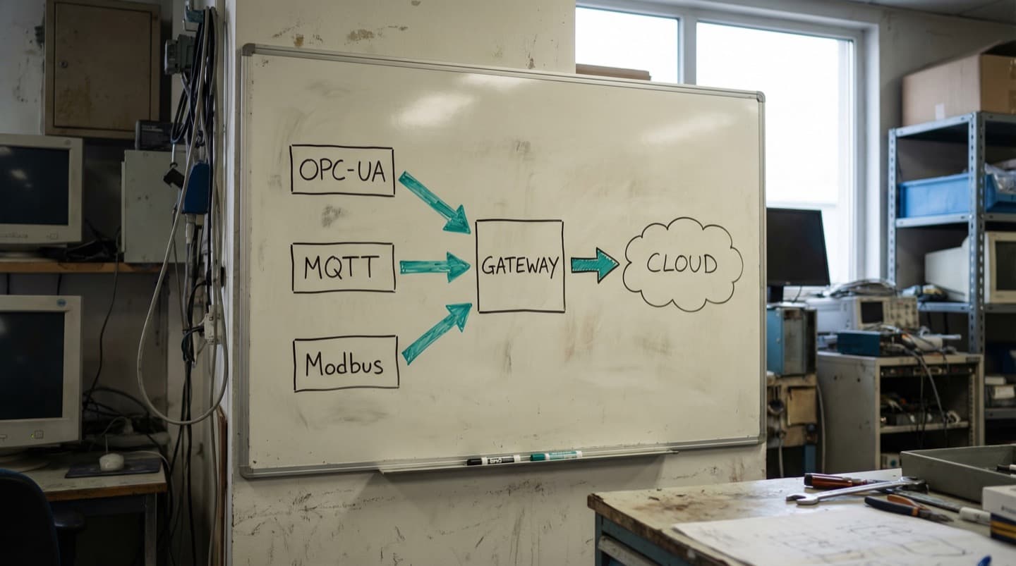 Whiteboard diagram showing OPC-UA, MQTT, and Modbus converging through a gateway to the cloud