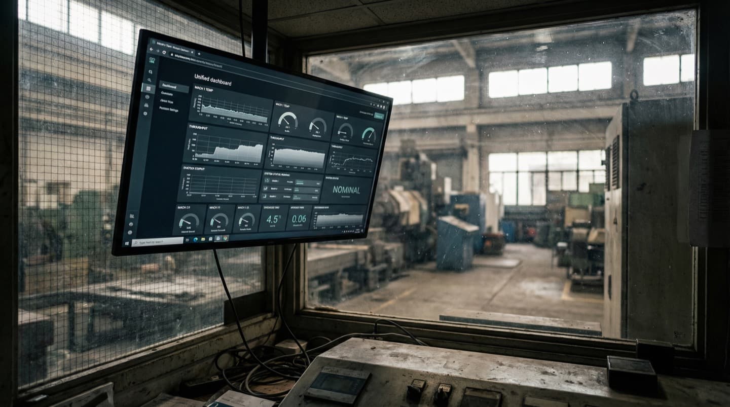 Wall-mounted monitoring dashboard in a factory control room with gauges and status indicators, factory floor visible through a window