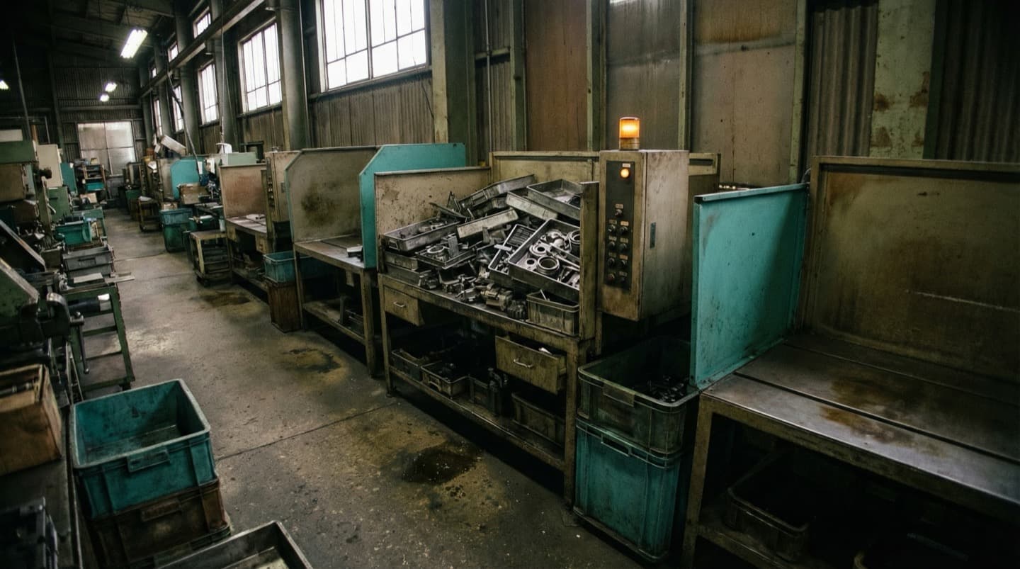 Production line in a factory with work-in-progress piling up at a bottleneck station marked by an amber warning light
