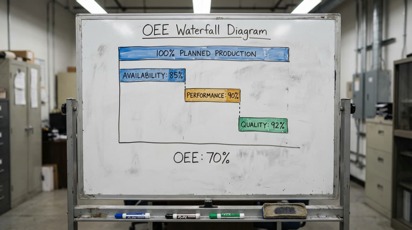 Hand-drawn OEE waterfall diagram on a whiteboard showing availability, performance, and quality reducing to a 70% OEE score