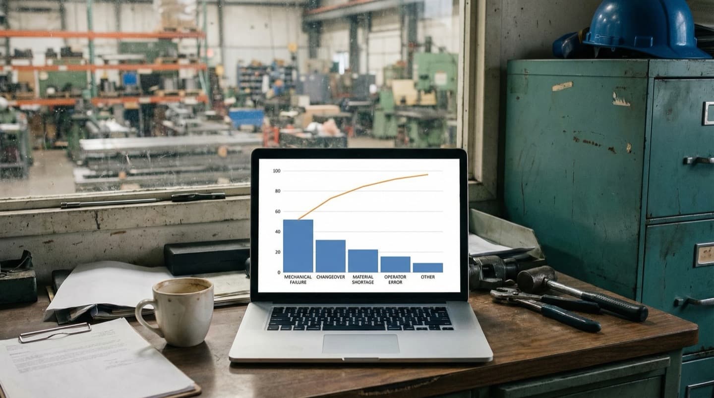 Pareto chart on a laptop screen in a factory office showing downtime causes ranked by frequency