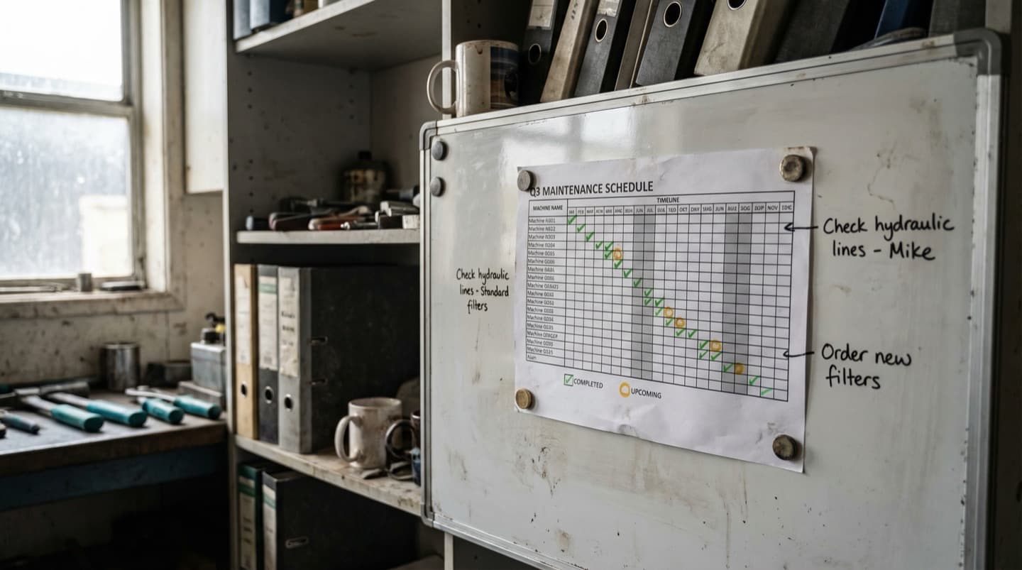 Printed maintenance schedule pinned to a workshop whiteboard with handwritten notes and color-coded status markers
