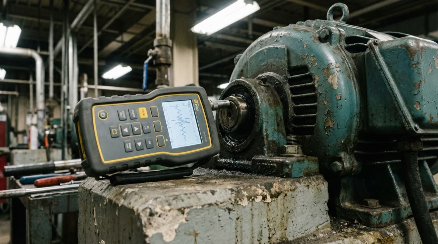 Handheld vibration analyzer pressed against a worn industrial motor bearing housing showing a waveform readout