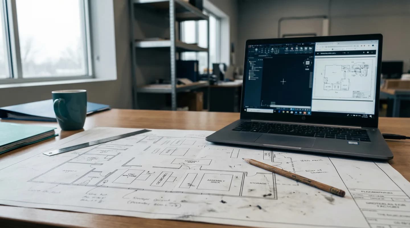 Architectural floor plan on a desk beside a laptop, showing the simplicity of starting a digital twin deployment from an existing floor plan