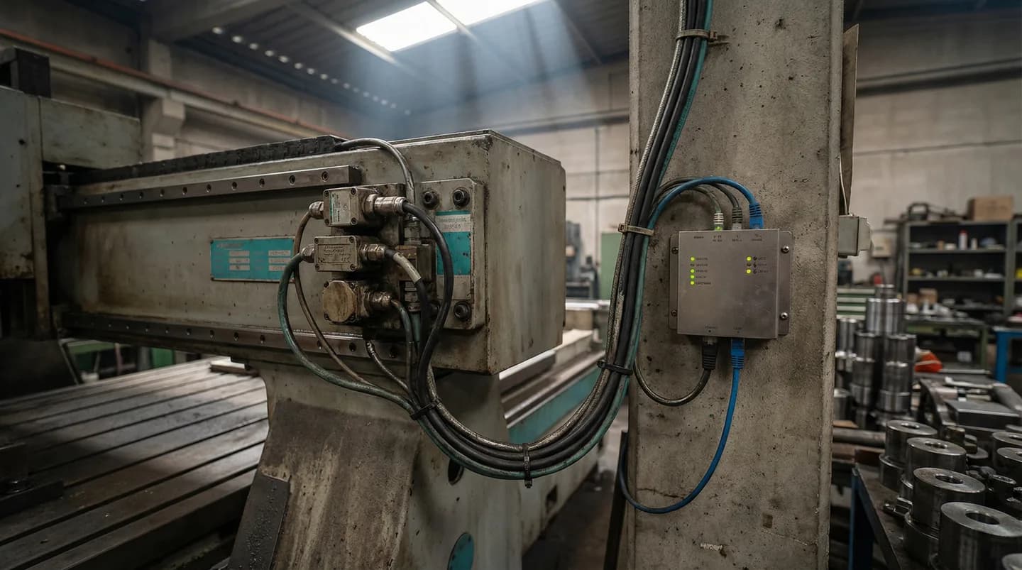 Industrial sensors and edge gateway device connected to factory equipment, illustrating the data pipeline from physical sensors to a digital twin platform