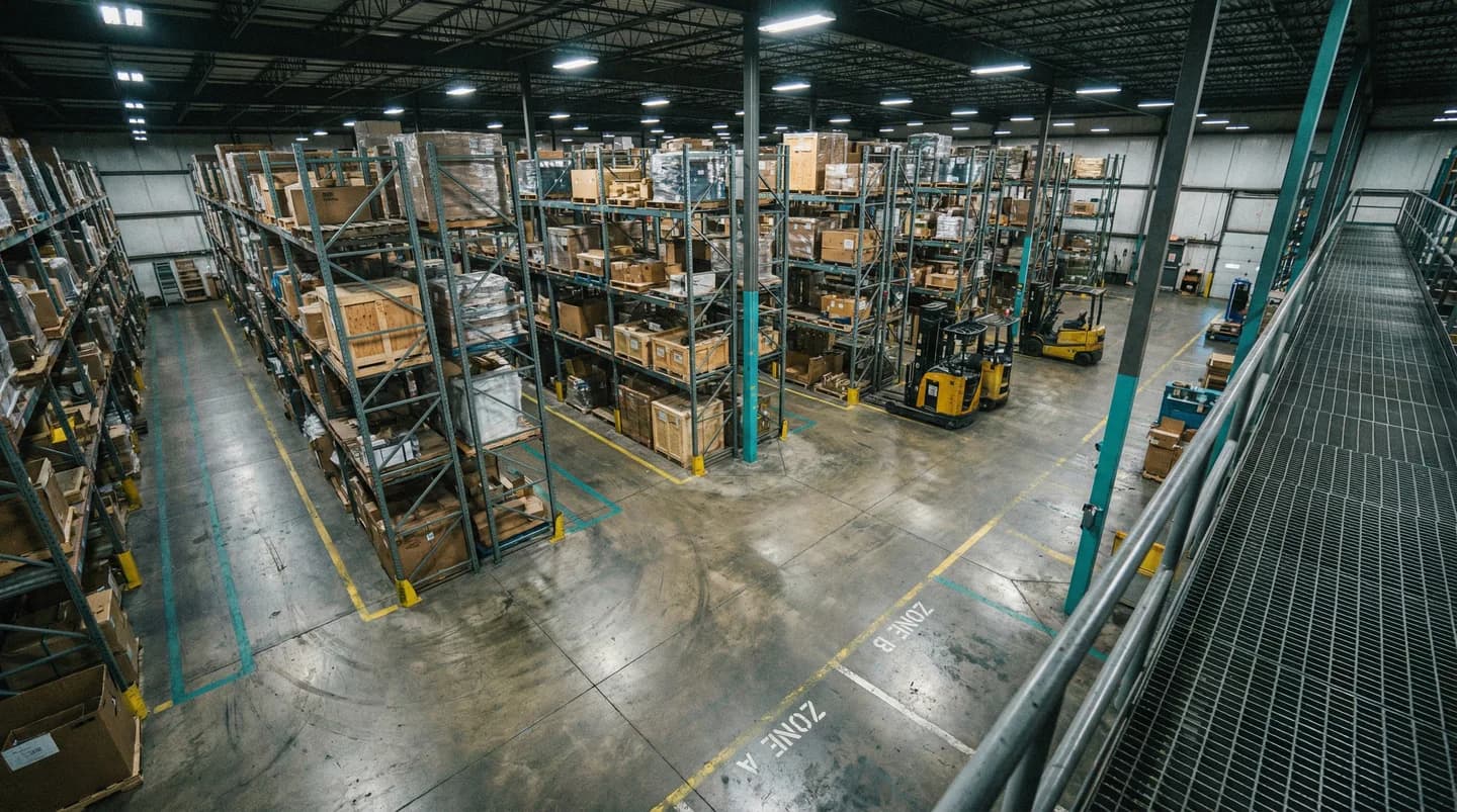 Wide view of a warehouse floor with pallet racking and zone markings, representing spatial inventory awareness through a digital twin