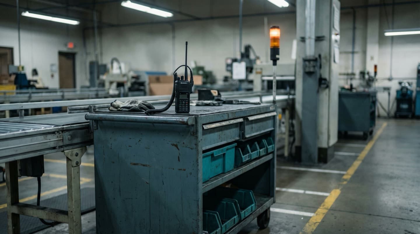 Maintenance tool cart with a two-way radio parked beside a stopped conveyor belt, amber stack light glowing in the background