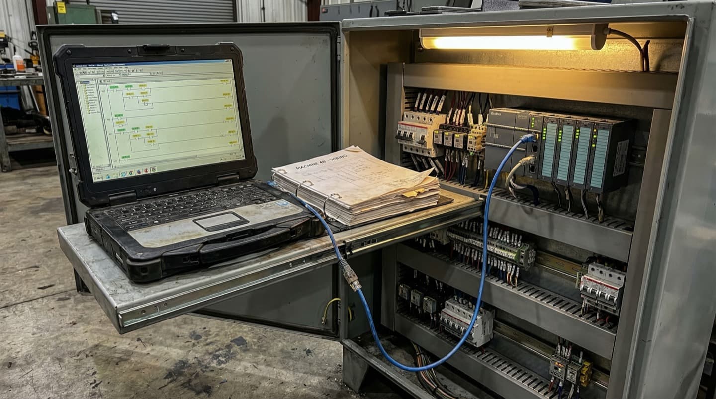 Laptop displaying ladder logic connected to a PLC rack inside a control cabinet, patch cables and documentation binder visible