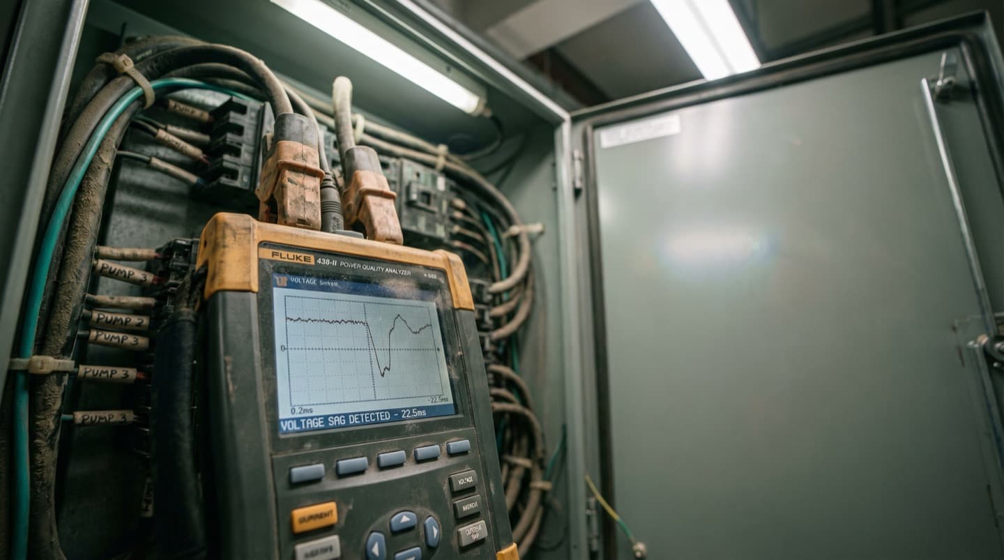 Power quality analyzer clamped onto cables inside an open electrical panel, waveform display showing a voltage sag event