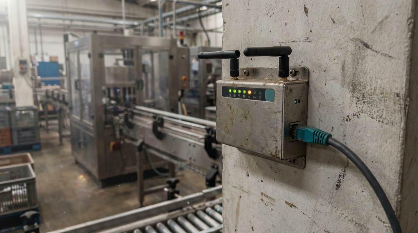Wireless sensor gateway with dual antennas and status LEDs mounted on a factory wall near a production line