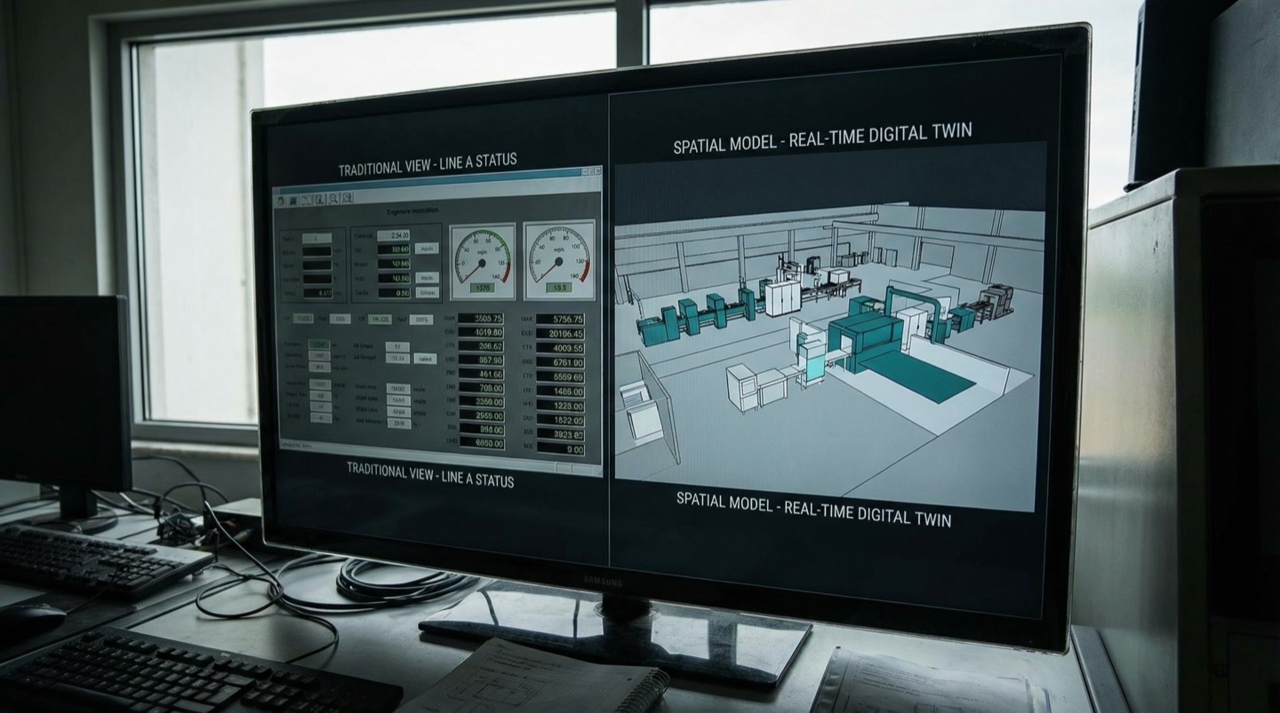 Monitor showing a split-screen comparison of a traditional SCADA dashboard and a 3D digital twin model of the same factory