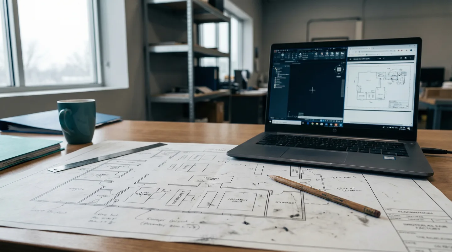 Architectural floor plan on a desk beside a laptop, showing the simplicity of starting a digital twin deployment from an existing floor plan